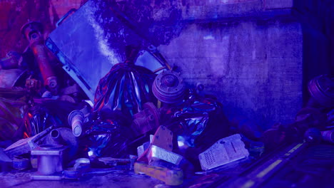 urban environment showcasing discarded waste in vibrant lighting at nighttime