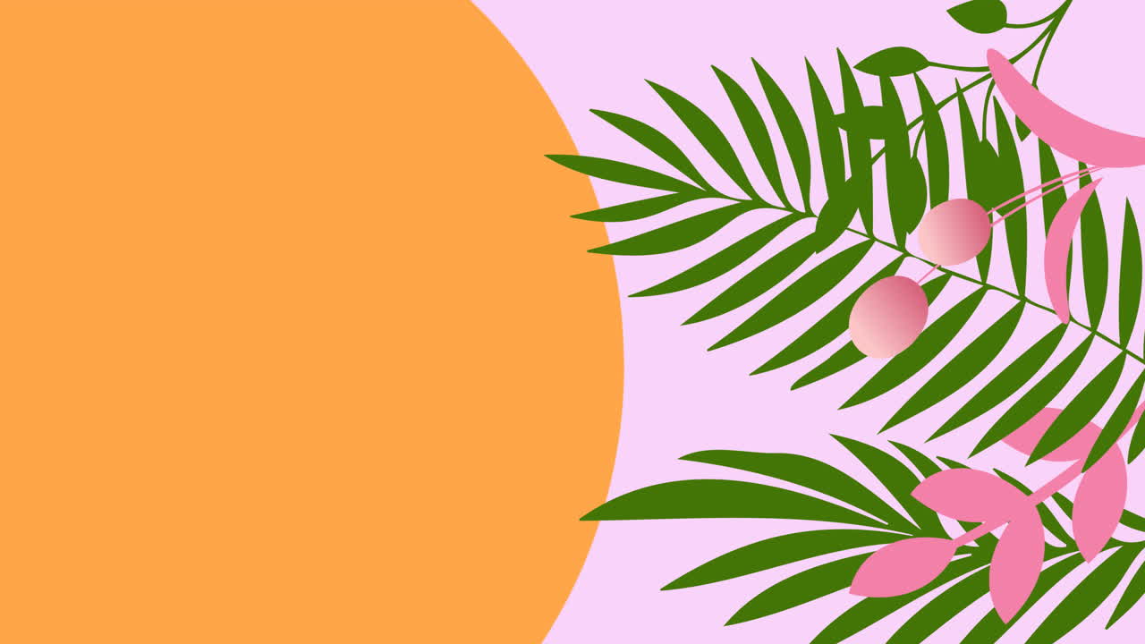 animación de hojas de plantas tropicales en fondo naranja y rosa
