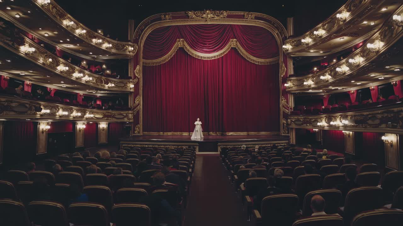 Wide-angle video shot of an opulent theater interior with red curtains and ornate balconies