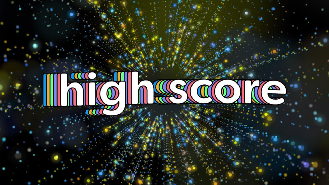 animación de un banner de texto de alta puntuación sobre senderos de luz brillante y puntos en un patrón sin costuras