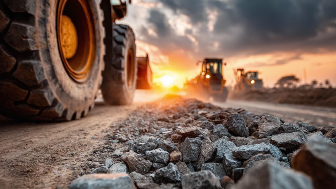 Construction Equipment in Action at Sunset: A Dynamic Scene of Heavy Machinery and Gravel Roadwork Under a Stunning Sky