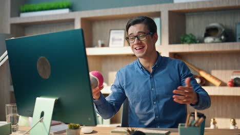 active man chatting virtual meeting home closeup. teacher emotionally gesturing