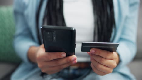 Woman,-phone-and-hands-with-credit-card-in-online