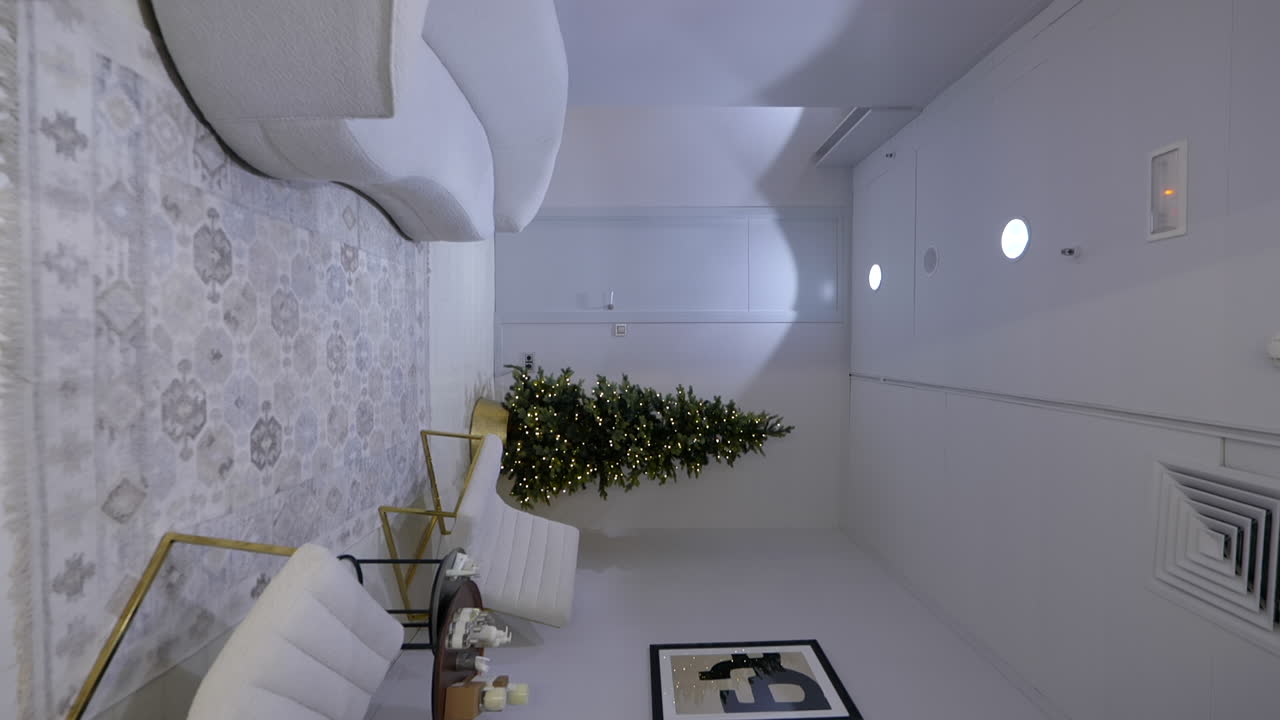 vista vertical del centro comercial de navidad con sofás y árbol de navidad, adelante