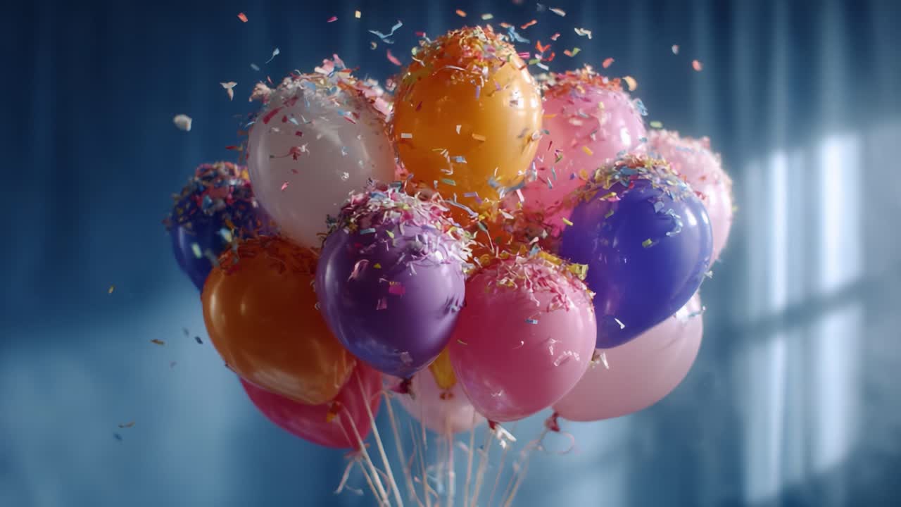 A Vibrant Array of Colorful Balloons Adorned with Confetti, Capturing the Essence of Celebration and Joy Under Soft Ambient Lighting