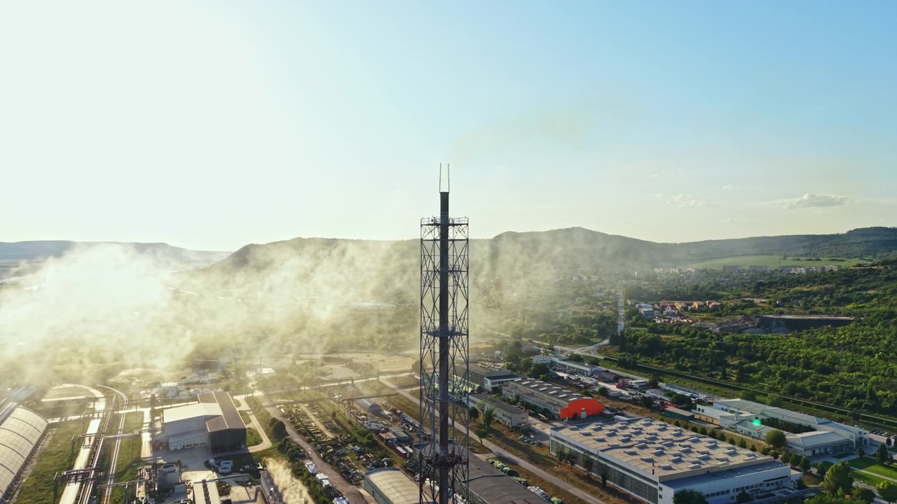Torre di telecomunicazioni situata in un'area rurale con fumo e colline visibili sullo sfondo nel tardo pomeriggio