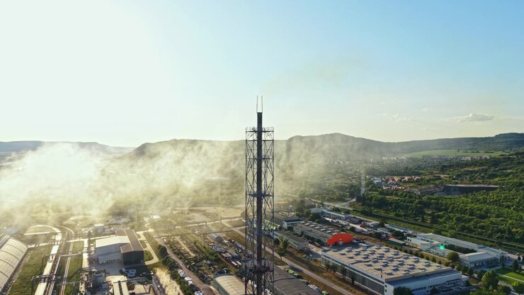 Torre di telecomunicazioni situata in un'area rurale con fumo e colline visibili sullo sfondo nel tardo pomeriggio