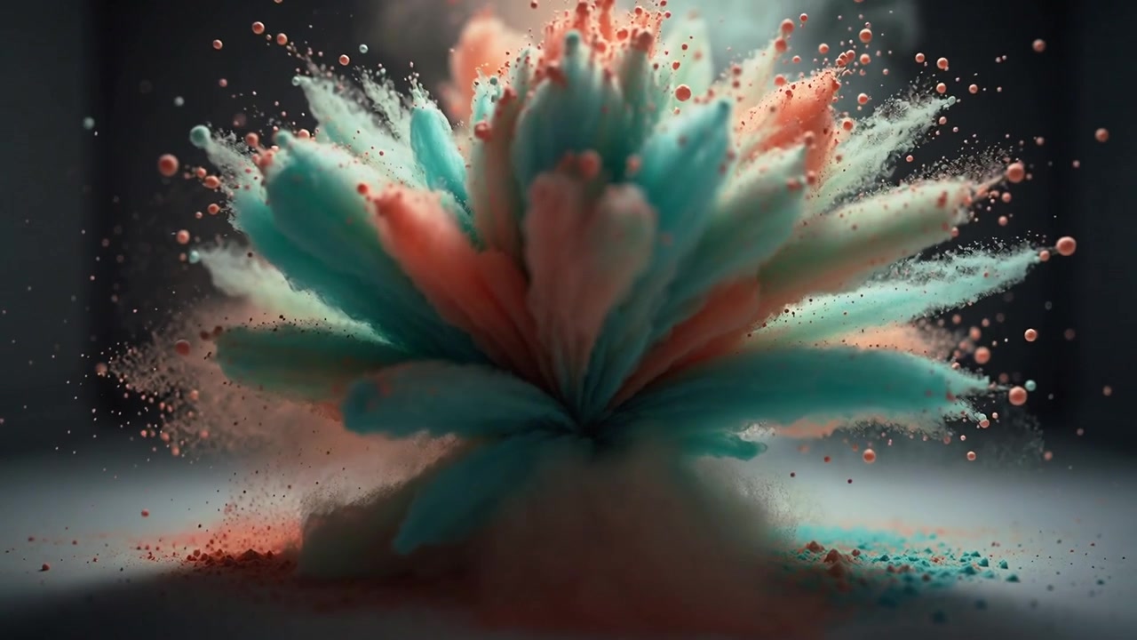 Two pigment columns descending, hitting floor, blooming into radial petals in studio with backlight