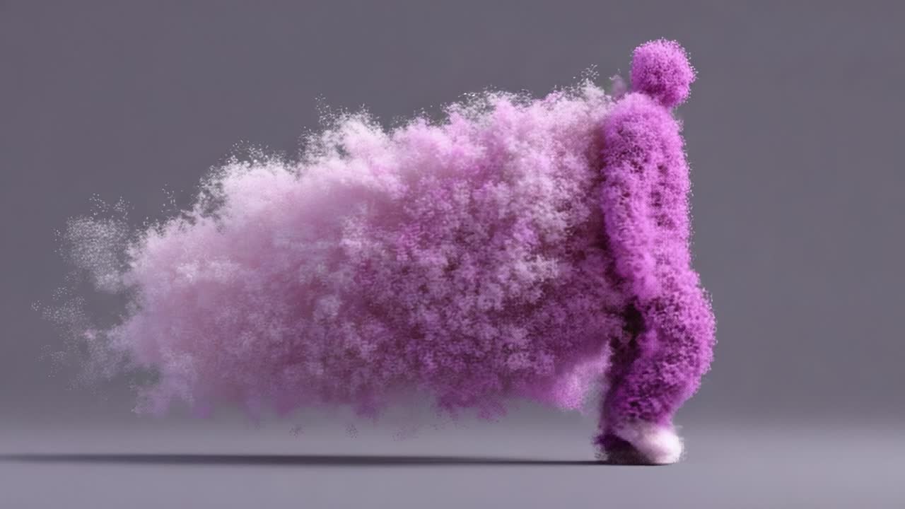 A Whimsical Journey of a Vibrant, Dreamlike Figure Adorned in Fluffy, Pink-Hued Clouds of Colorful Mist, Captured in a Striking Transformation Through Motion