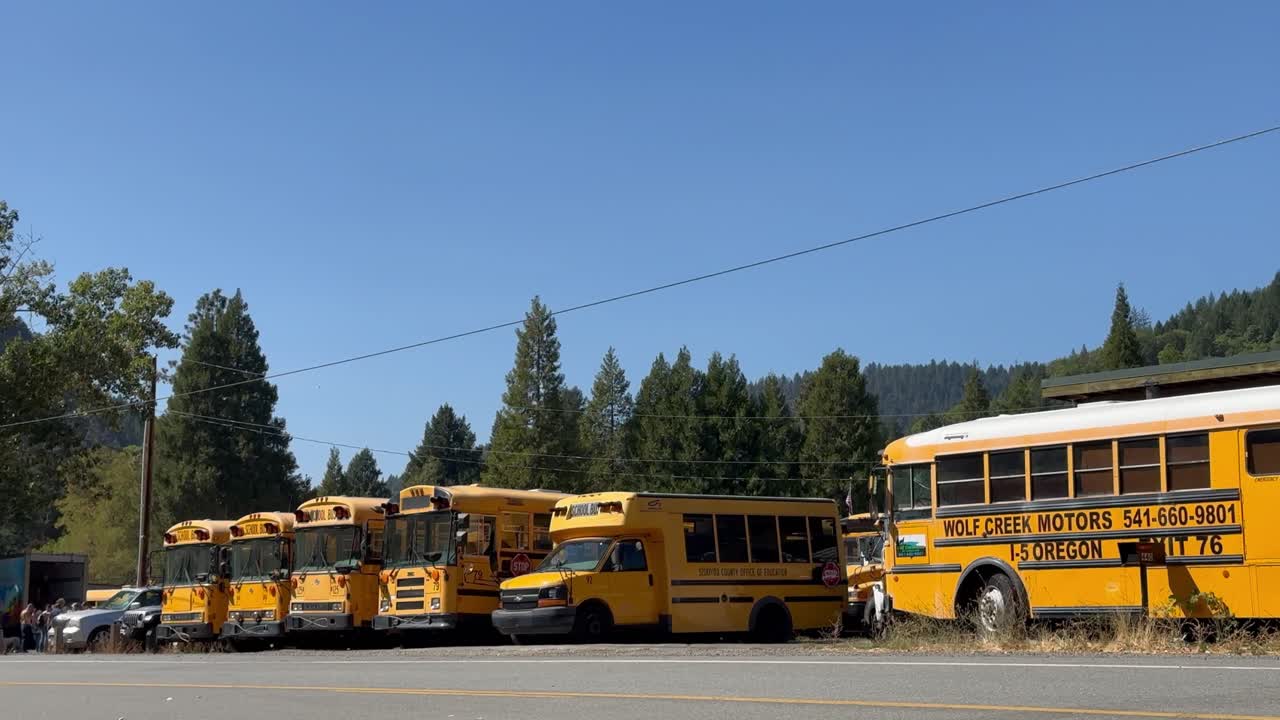 Een rij schoolbussen in Wolf Creek, Oregon, VS.