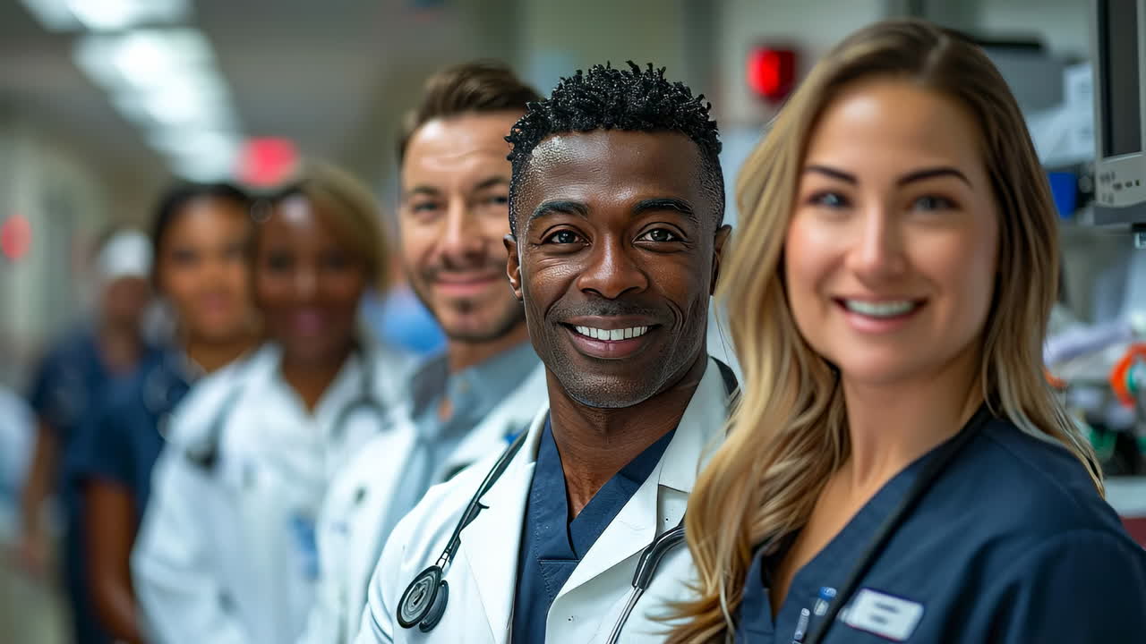 Smiling staff in busy hospital. Doctors and nurses stand together in a hospital. They look happy while preparing for their duties in the emergency room