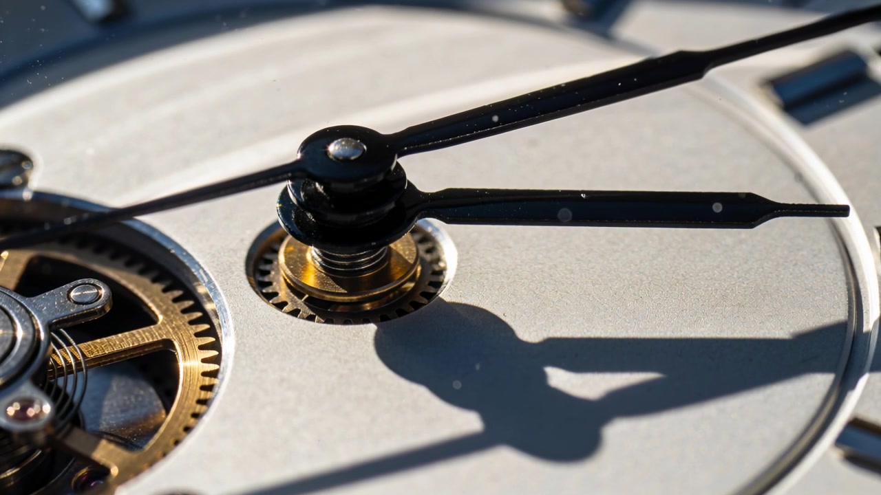 Driving brass gear turning central pinion and two black hands clockwise in macro view, marking time