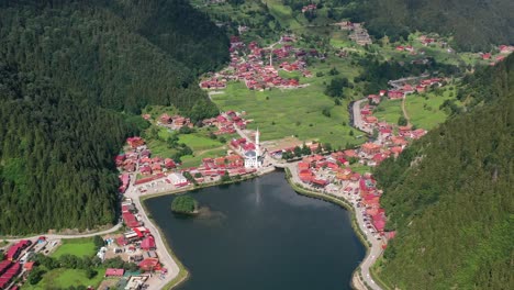 aerial drone of a lake surrounded by a small mountain village in uzungol trabzon on a sunny summer day in turkey