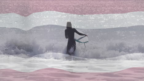 surfer entering ocean waves with abstract pink and white overlay animation