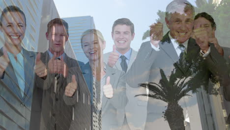 animation of cityscape over caucasian business people smiling