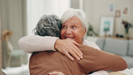 happiness, face and senior friends hug