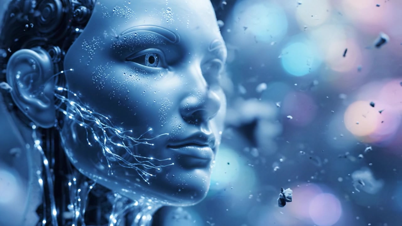 Una figura robotica futuristica e accattivante con dettagli intricati, che mostra bellissime tonalità di blu e un'atmosfera eterea ricca di particelle e movimento