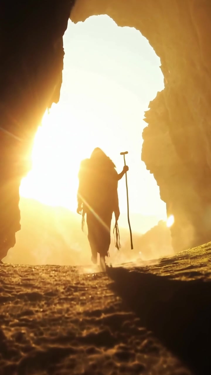 Silhouette di un viandante che esce da una grotta al tramonto