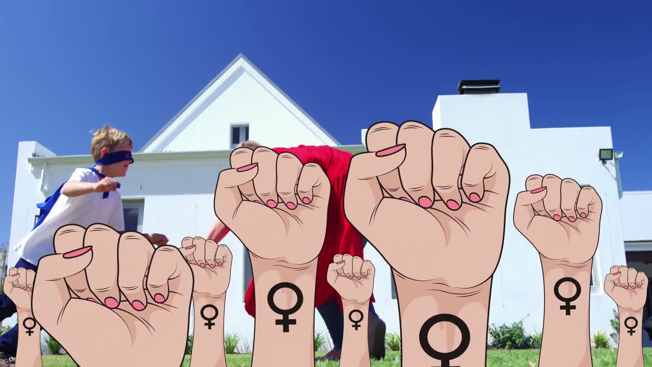 花と息子と遊ぶ母親の上に女性の拳のアニメーション