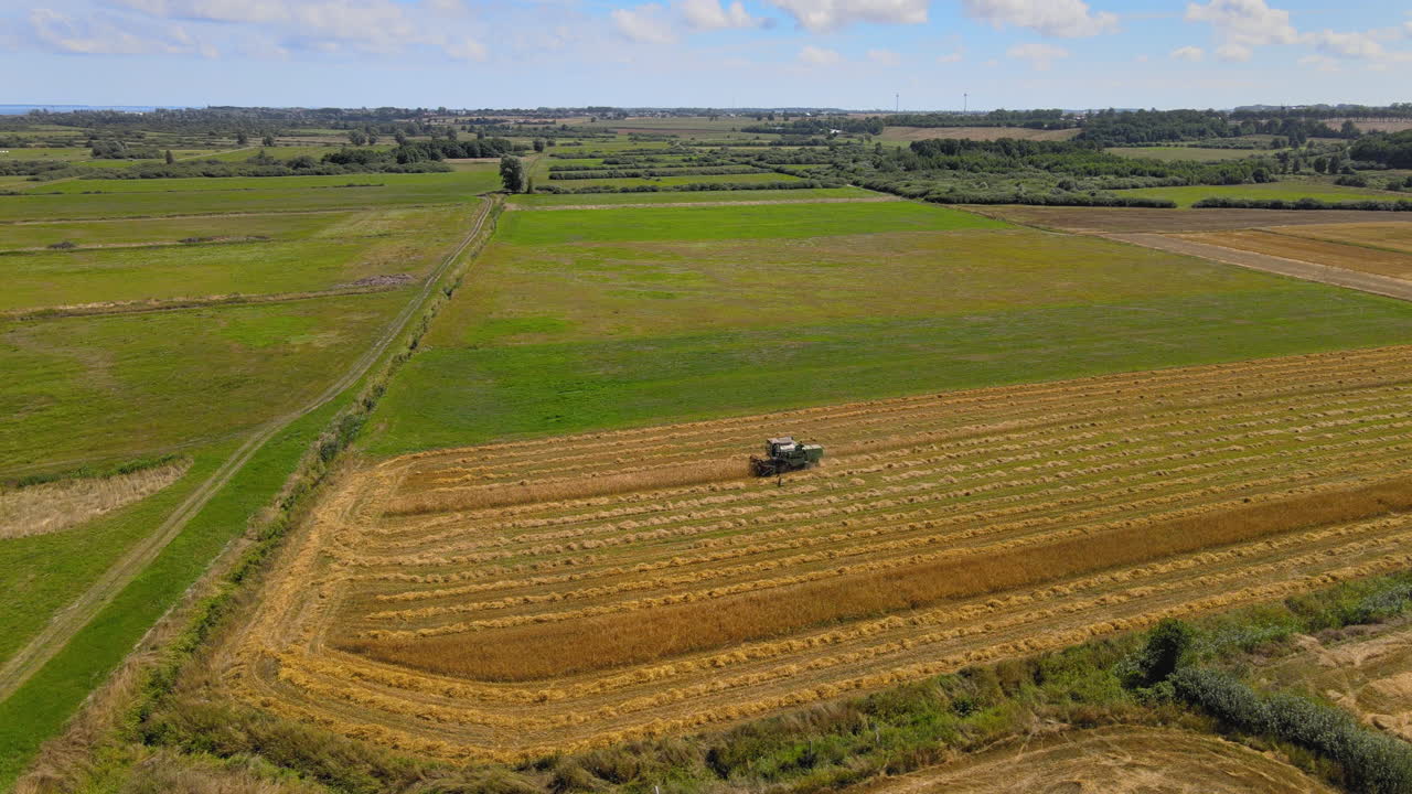 Drone Orbits around a Farmer Driving Combine Harvester, Working in Large Open Field on Blue Sky Day