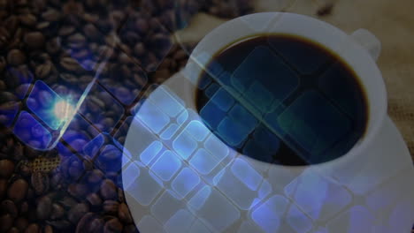 white coffee cup spinning in flat design over burlap, scattering beans with blue digital squares