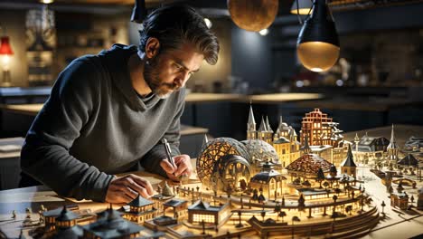 man crafting intricate model city with attention to detail in workshop