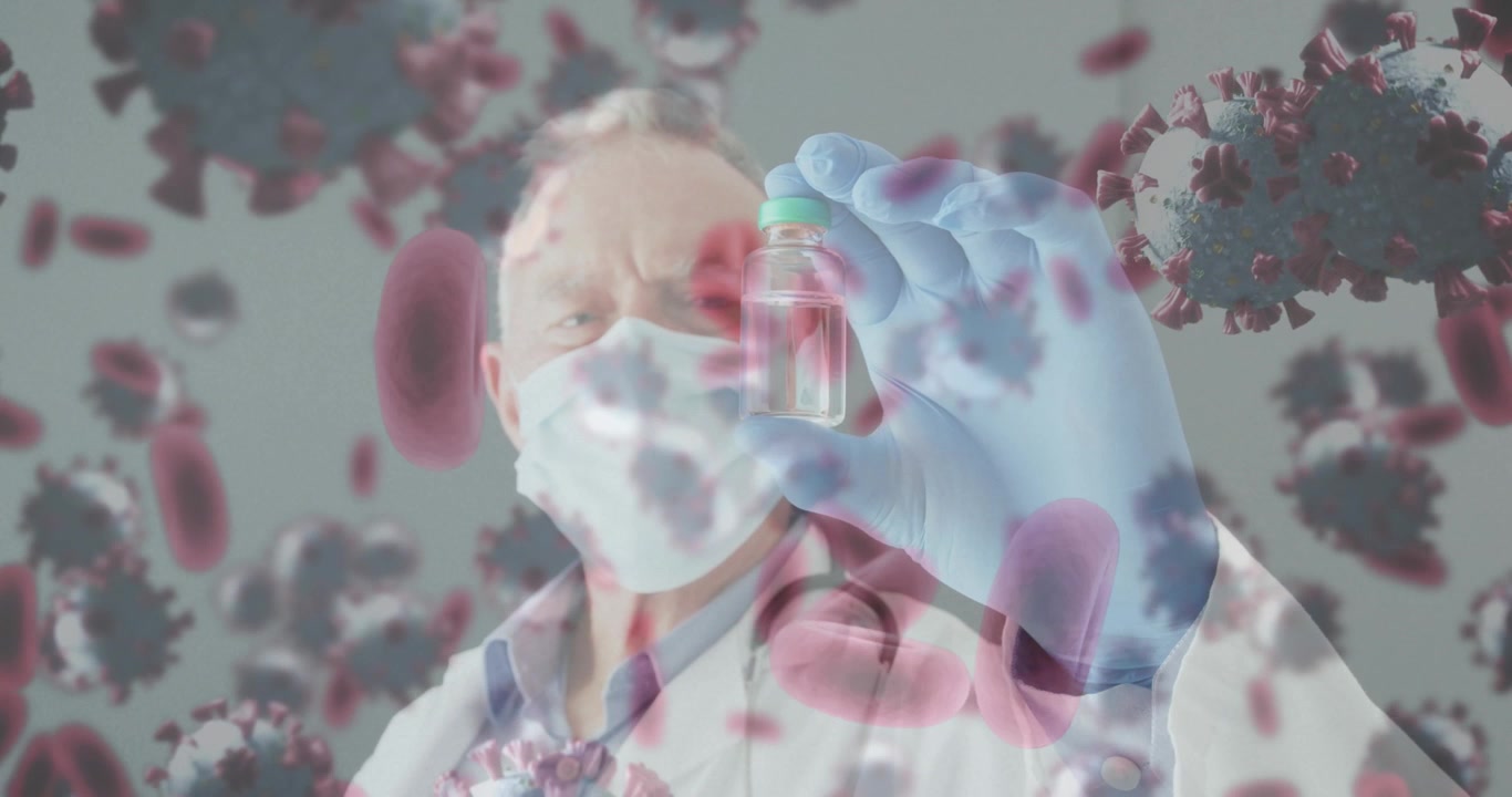 Animation of virus cells over caucasian male doctor holding vial