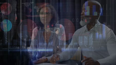 animation of financial data processing over business people in office