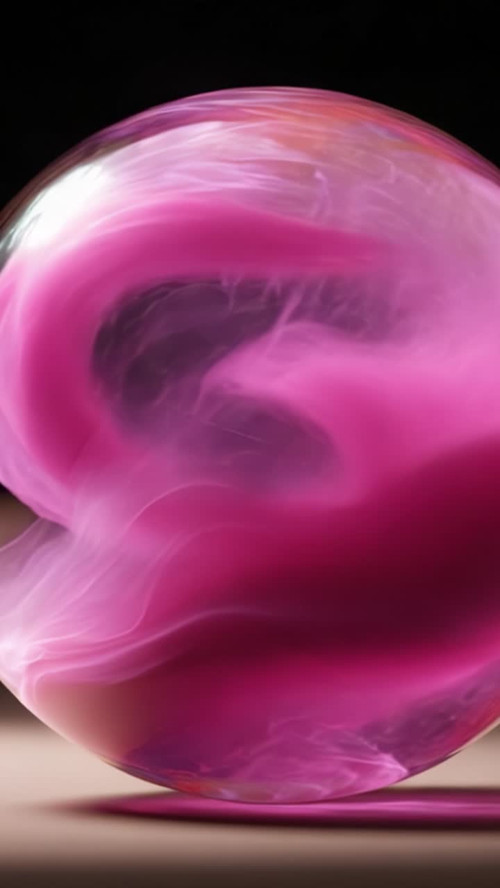 Una straordinaria immagine di fumo rosa vorticoso e colorato all'interno di una sfera trasparente, catturata in due fotogrammi, che mostra l'elemento del movimento e della dinamica dei fluidi