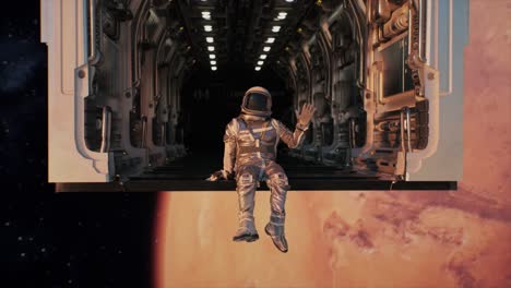 astronauta en una nave espacial cerca de marte