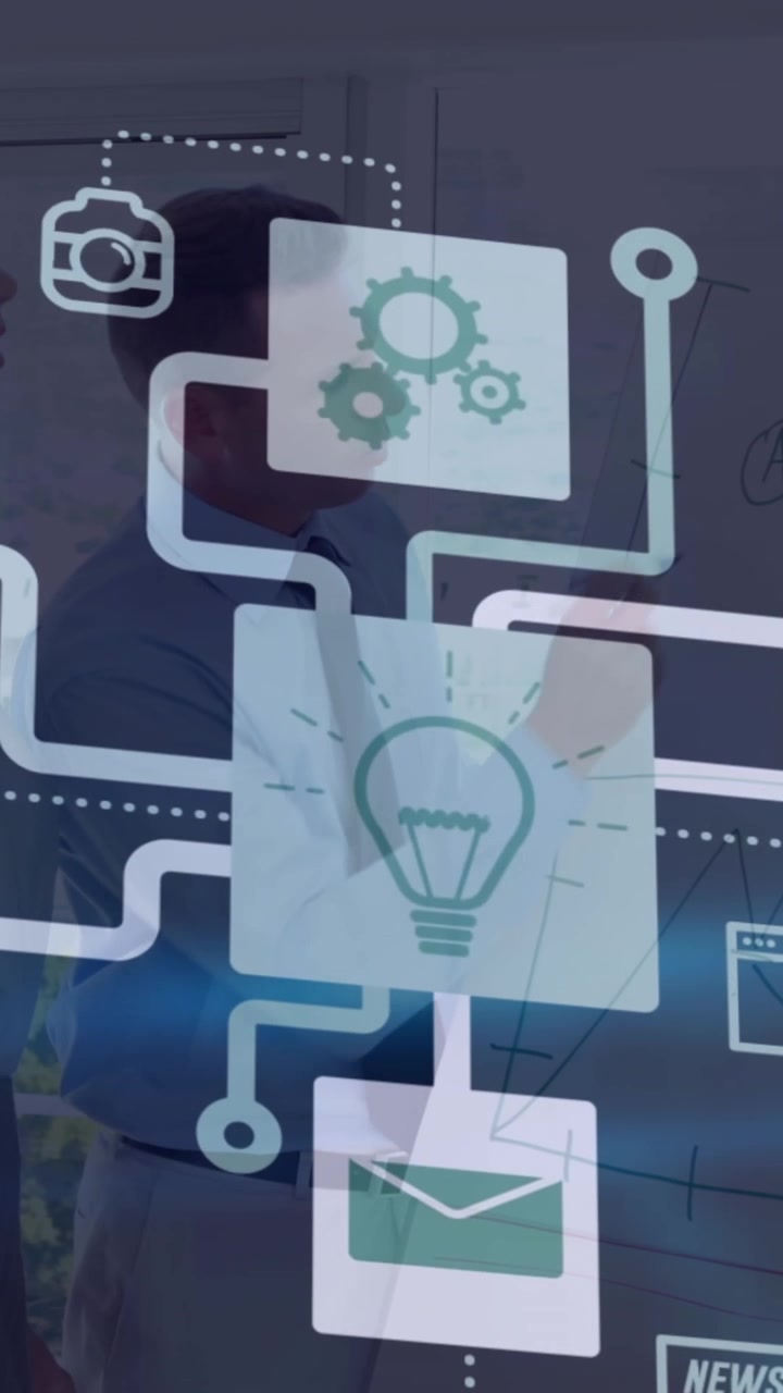Animation of connections with icons and data processing over business people