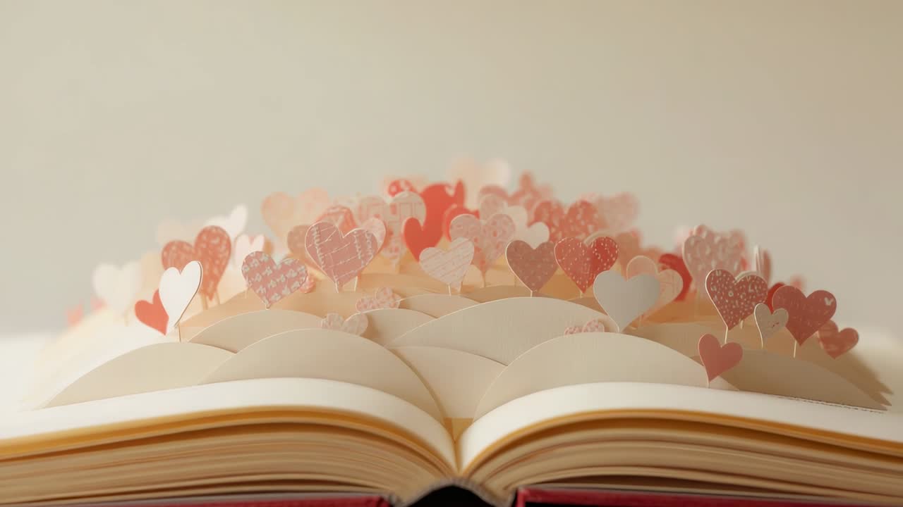 Allontanamento della camera che rivela un libro popup con un gruppo di cuori che si posano su pagine color crema, messa a fuoco morbida da studio