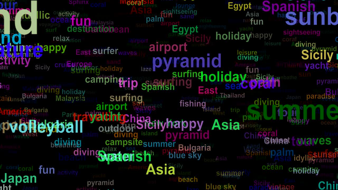 Travel concept words moving DOWN, seamless loop