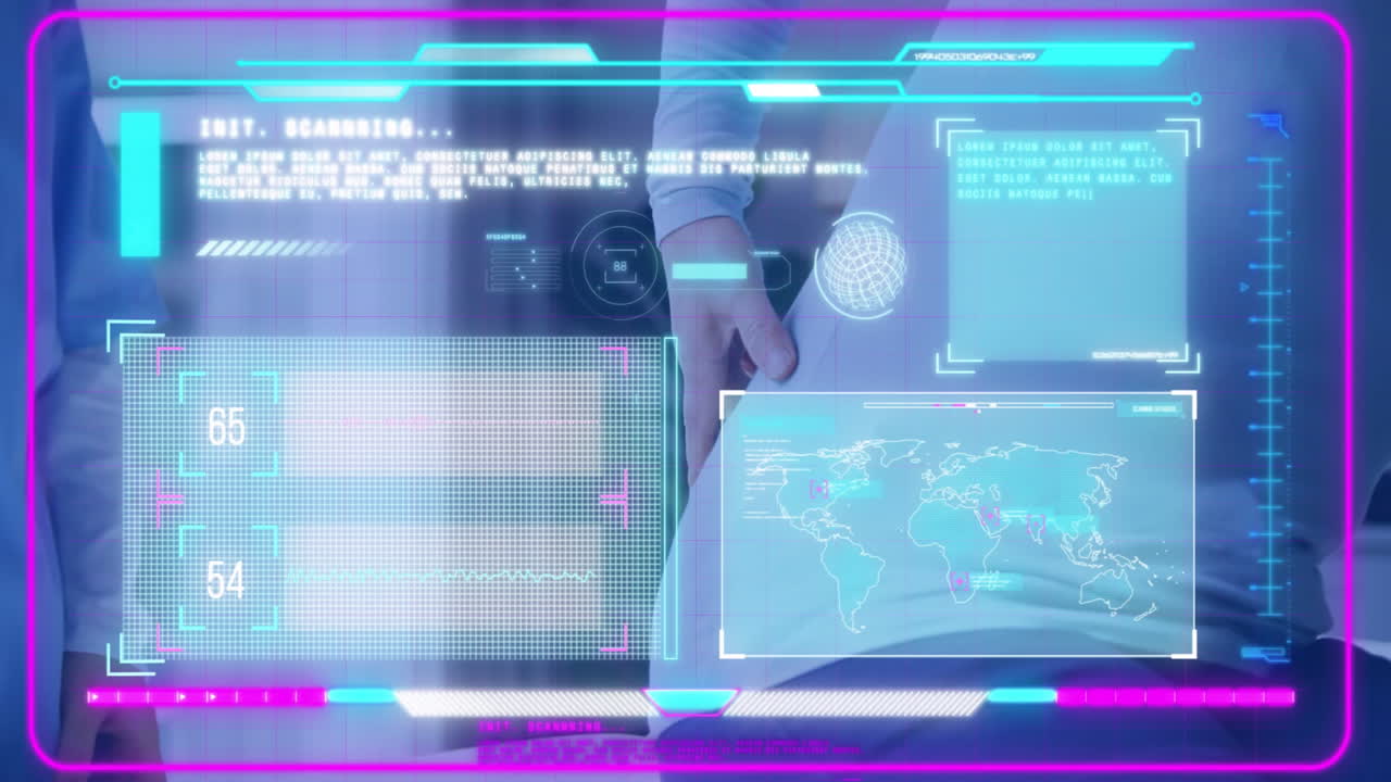 Doctor operating medical hologram beside patient, displaying vital signs grid and world map