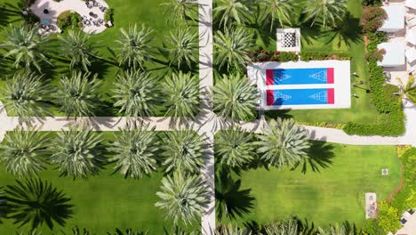 Coconut-palm-tree-garden-in-rows-wave-and-shadows-dance-on-green-lawn,-shuffle-board-and-lawn-chess,-aerial-overview