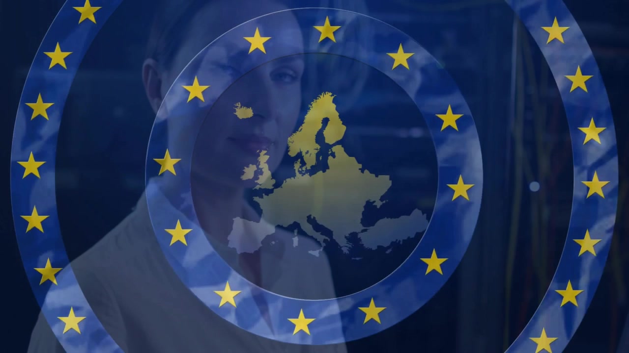 Profesjonalna kobieta pracująca w serwerowni z nałożoną flagą Unii Europejskiej