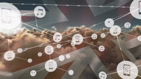 animazione della rete di connessioni con icone sopra la bandiera della gran bretagna e le nuvole