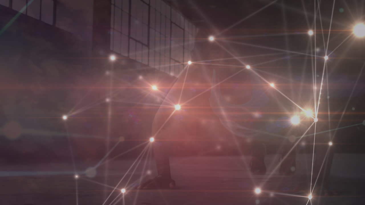 Animation of network of connections over african american woman exercising