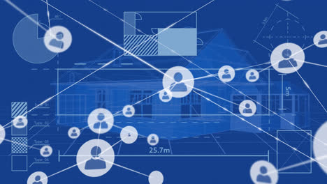 animation of network of profile icons and data processing over spinning 3d house model