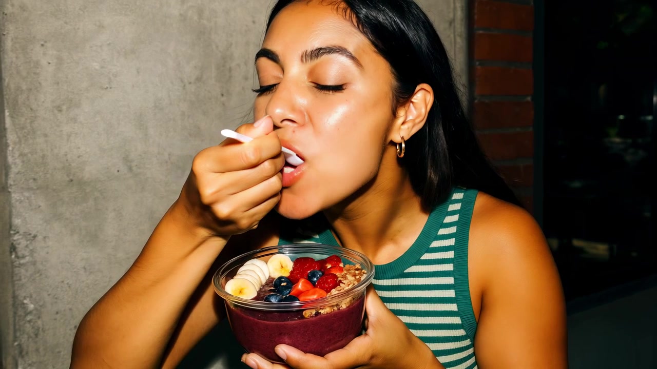 Young Woman Happily Eating a Healthy Acai Bowl