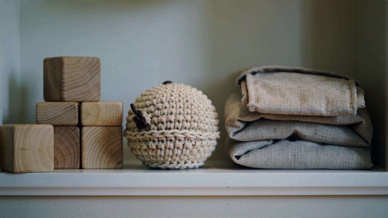 Panning camera sliding right over recessed shelf, centering crochet ball wooden blocks linen stack