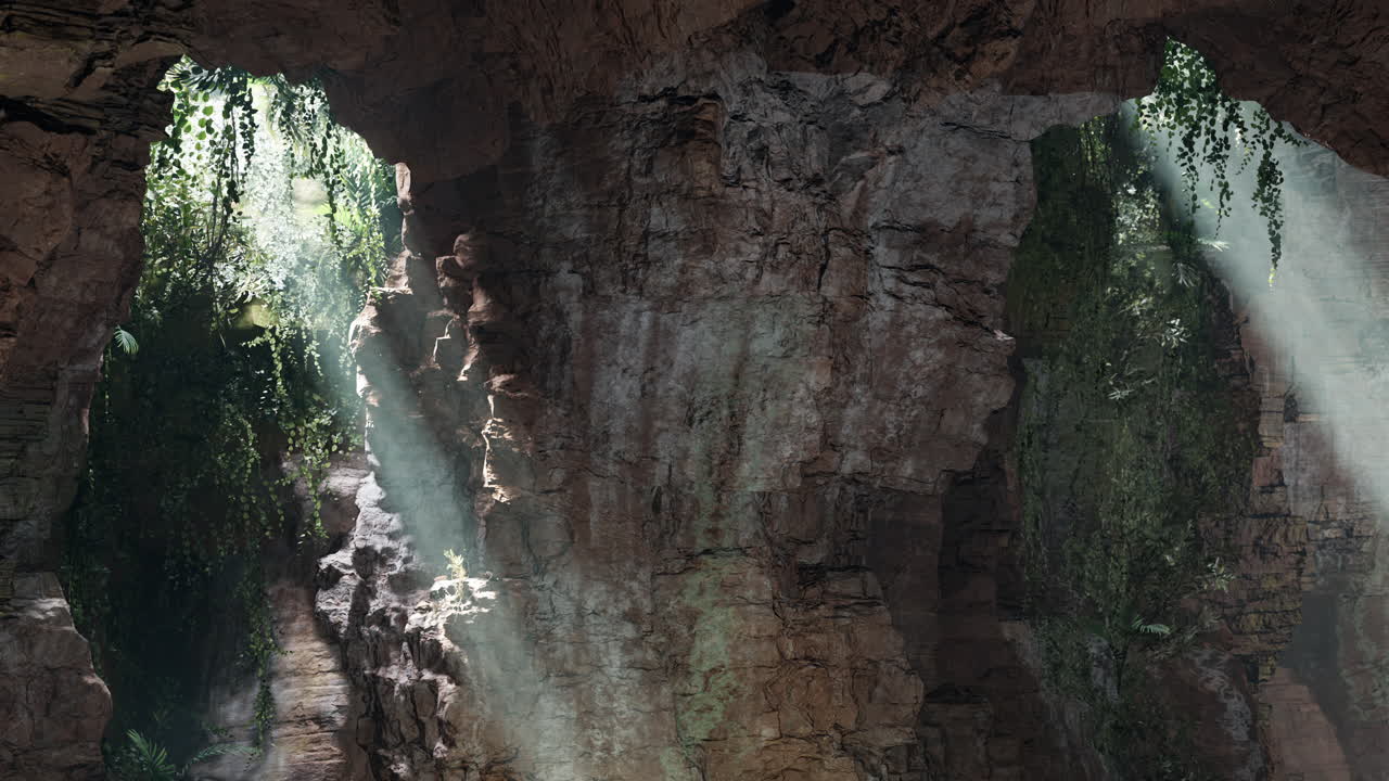 la luz del sol fluye a través de una cueva de la jungla
