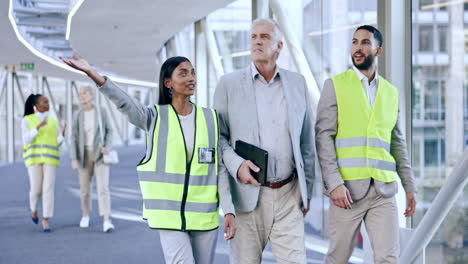 engineer, walking or businessman in office talking