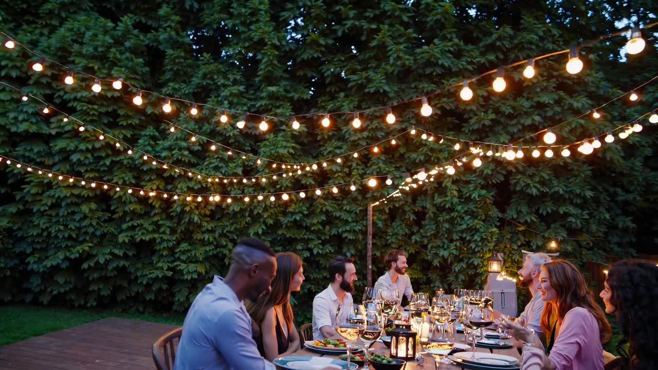 Aerial view of friends dining outdoors under string lights, capturing a festive, warm atmosphere