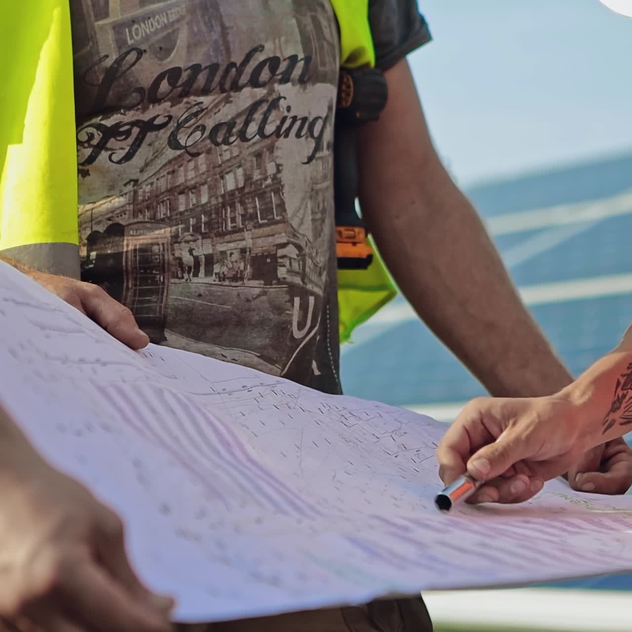 Technicians discussing plan of solar plant