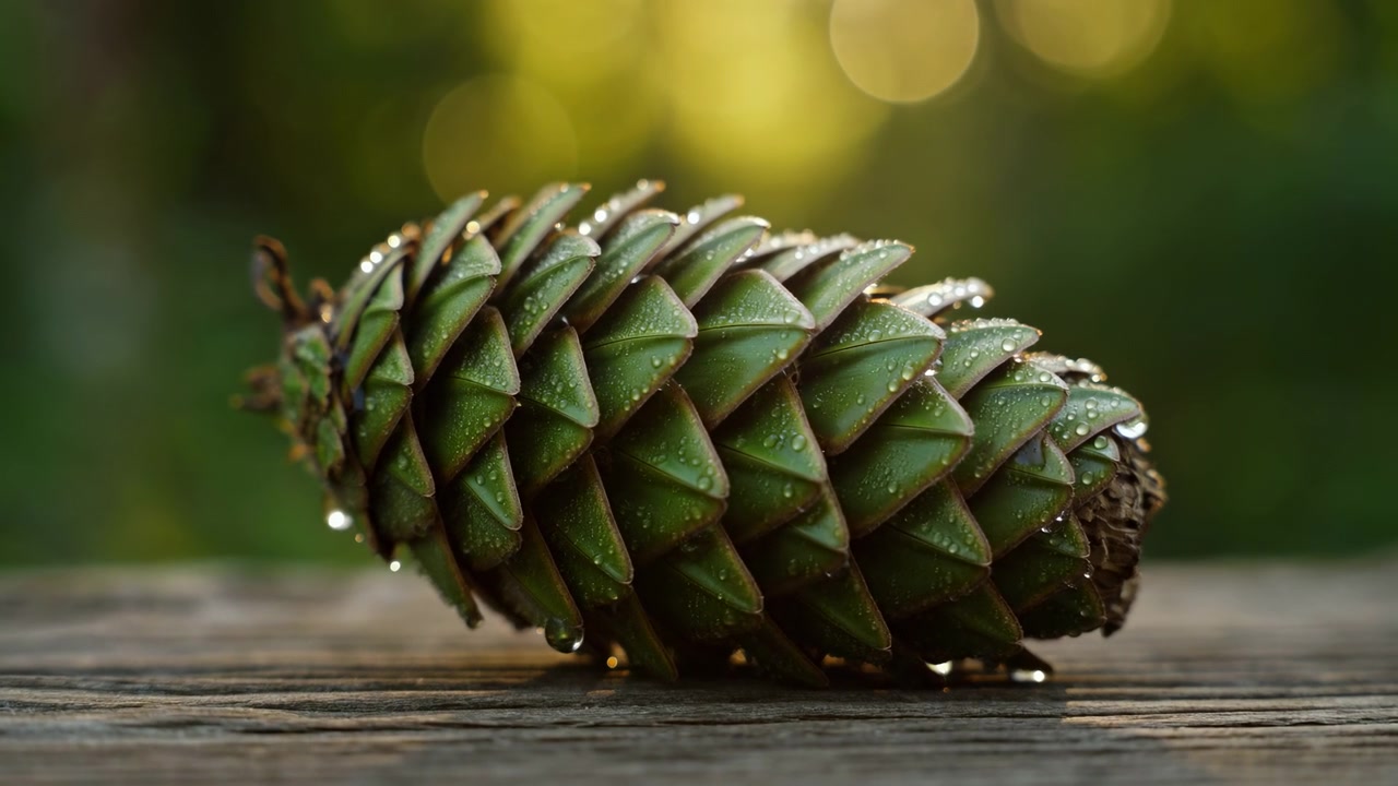 Vista macro de una sola piña verde descansando sobre una superficie de madera desgastada en el tercio inferior del encuadre. Gotas de rocío matutino se adhieren a las escamas de la piña.