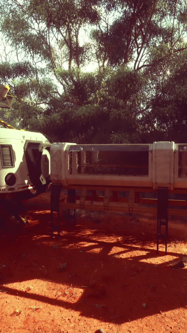 Futuristic habitat structure nestled in vibrant red landscape with trees