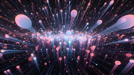 a stunning visual representation of vibrant particles in motion, showcasing an ethereal space of colorful lights and dynamic flows in a multidimensional environment