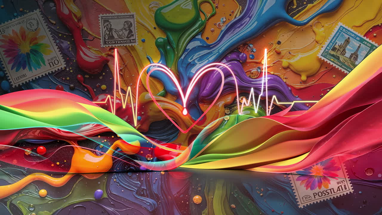Vibrant Abstract Heartbeat with Neon ECG and Colorful Paint