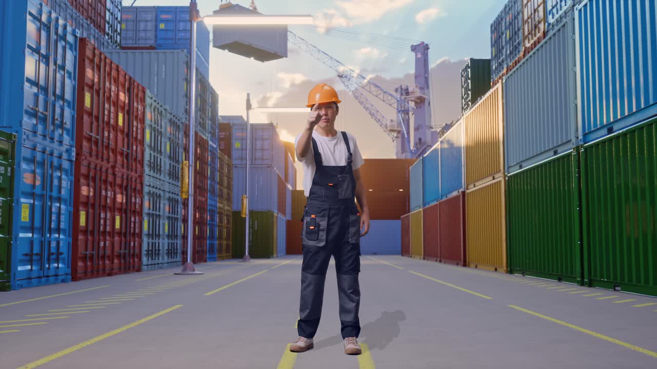 Full Body Of Asian Man Worker Wearing Goggles And Safety Helmet Shouting To Camera While Standing At Container Yard Warehouse